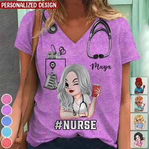 Pretty Doll Nurse Scrub Healthcare Worker-Personalized V-neck 3D T-shirt