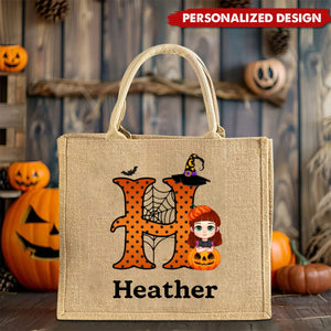 Personalized Cartoon Character Pumpkin Design Trick or Treat Candy Jute Tote Bag with Initial & Name Halloween Party Favors Gift for Kids