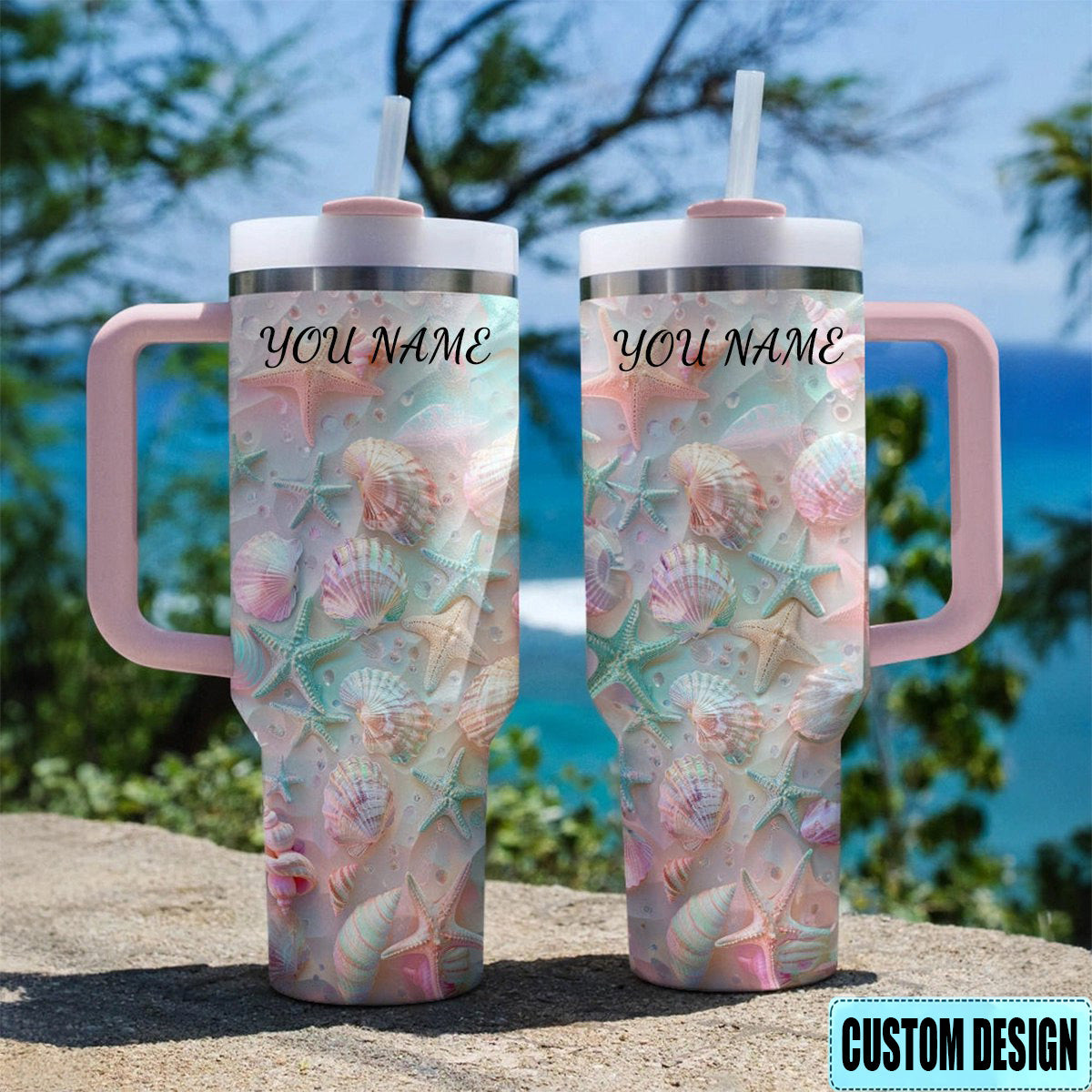 Personalized Coastal Shell 40oz Tumbler With Handle