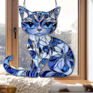 Blue & White Cat Suncatcher Ornament - Gift For Cat Lovers