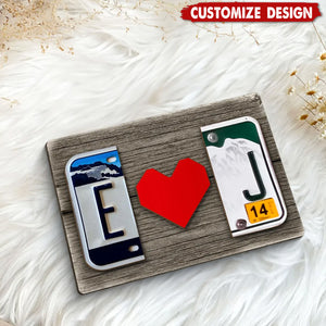 Personalized License Plate Initials Couple with Red Heart Wooden Plaque - Gift For Couple