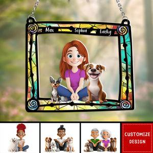 Cute Cartoon Couple And Dogs-Personalized Window Hanging Suncatcher Ornament