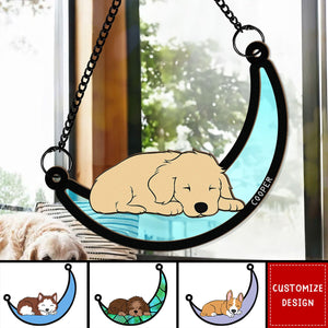 Sleeping Cat / Dog On Moon - Personalized Window Hanging Suncatcher Ornament