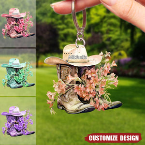 Personalized Boots And Hat With Flower Cowgirl / Cowboy Keychian