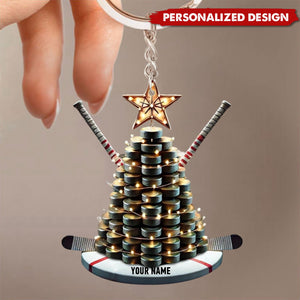 Personalized Hockey Christmas Keychain with Puck Tree and Sticks - Gift For Hockey Lovers - 2024 New Release