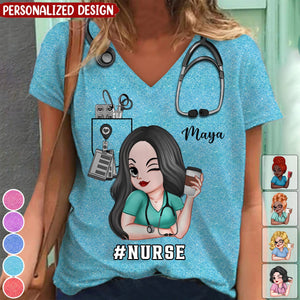 Pretty Doll Nurse Scrub Healthcare Worker-Personalized V-neck 3D T-shirt