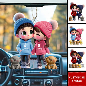 Cute Cartoon Couple You Me And The Dog Cat Personalized Acrylic Car Ornament-Gift For Couple