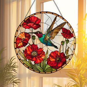 Hummingbird Poppy Flower Window Hanging Suncatcher Ornament Gift For Bird Lovers