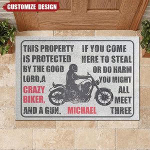 Protected By The Good Lord And Crazy Biker - Personalized Doormat-Gift For Biker