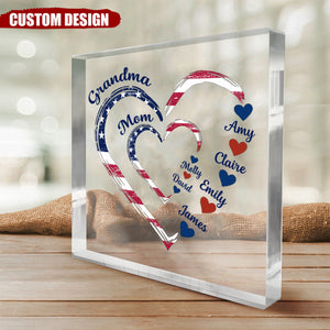 4th of July Grandma Mom Kids Heart In Heart - Personalized Square Shaped Acrylic Plaque