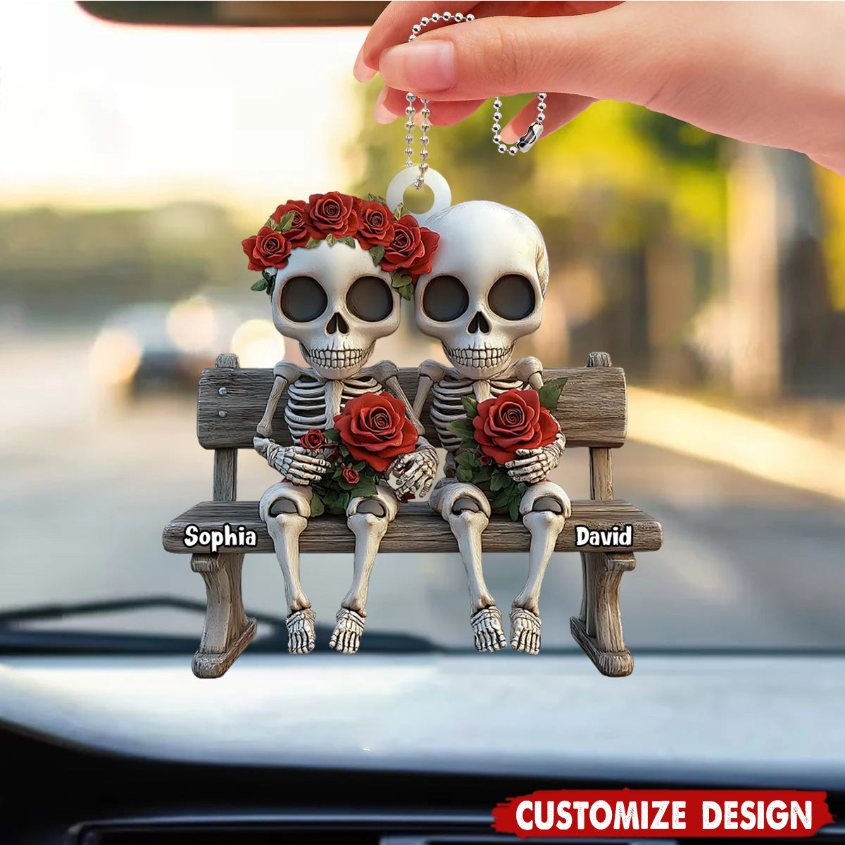 Skull Couple Roses Flower - Personalized Couple Car Ornament - Anniversary Gift For Husband,Wife