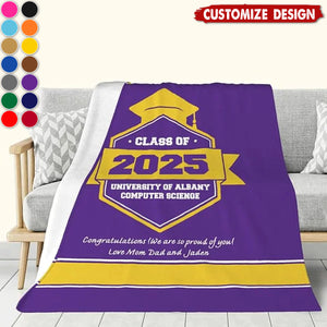 Personalized Multicolor Graduation Hat Soft Fleece Blanket with Year School Name and Warm Text Class of 2025 Gift for Graduate