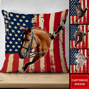 Personalized America Flag Horse Pillow - Gift For Horse Lovers