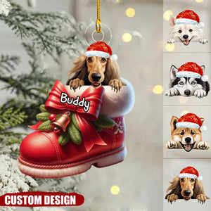 Cute Dog Puppy Pet On Christmas Boots Shoes Personalized Acrylic Ornament