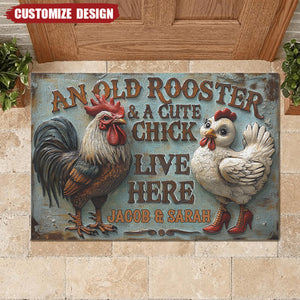 An Old Rooster & A Cute Chick Live Here - Personalized Doormat-Gift For Chick Lovers,Farmer