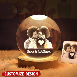 Snow Globe Night Light, Personalized 2D Crystal Ball, Engraved Glass Photo Snow Globe-Gift For Couple