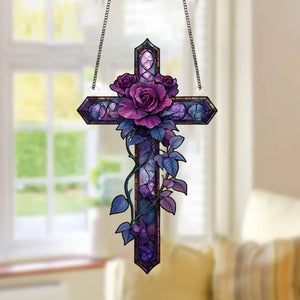 Purple Rose Cross Suncatcher-Gift for Family and Best Friends