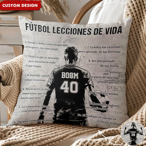 Almohada personalizada con lecciones de vida sobre fútbol - regalo para los amantes del fútbol