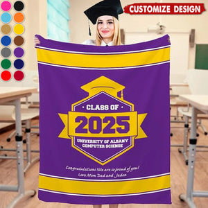 Personalized Multicolor Graduation Hat Soft Fleece Blanket with Year School Name and Warm Text Class of 2025 Gift for Graduate