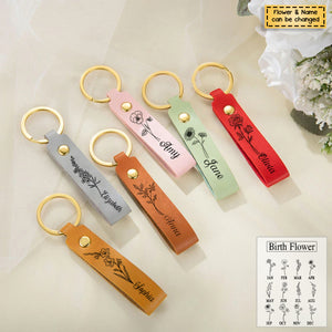 Personalized Birth Flower Leather Keychain - Gift Idea for Mother's Day/Birthday