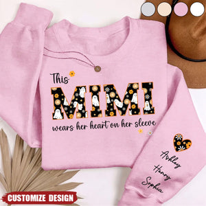 Halloween This Mama Wears Her Heart on Her Sleeve Personalized Sleeve Printed Sweatshirt