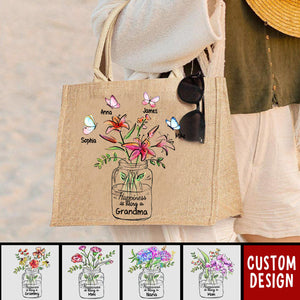 Happiness Is Being A Grandma Mom Vase of Flower - Personalized Jute Tote Bag