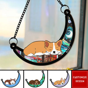 Sleeping Cat / Dog On Moon - Personalized Window Hanging Suncatcher Ornament