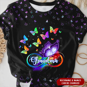 Colorful Butterfly Grandma with Grandkids Personalized 3D T-shirt