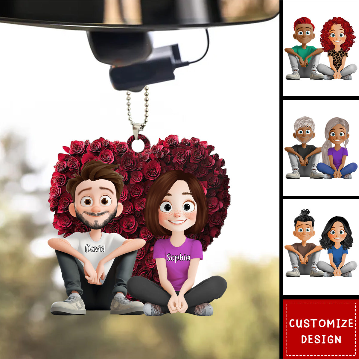 Couple With Rose Heart - Personalized Acrylic Car Ornament-Gift For Couple