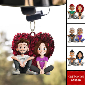 Couple With Rose Heart - Personalized Acrylic Car Ornament-Gift For Couple