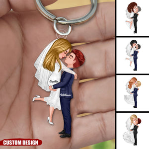 Groom & Bride Hugging Kissing Couple Personalized Keychain, Anniversary Gift For Couple