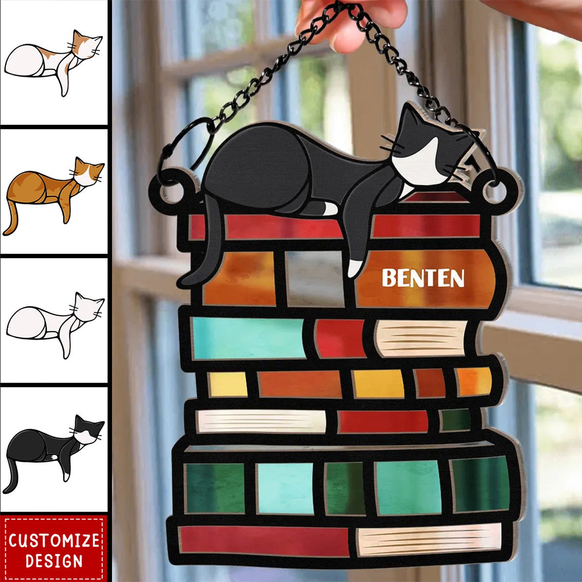 Sleeping Cat On The Books - Personalized Window Hanging Suncatcher Ornament