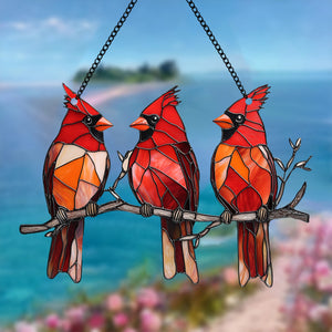 Three Red Cardinal Window Hanging Suncatcher Ornament Gift For Bird Lovers