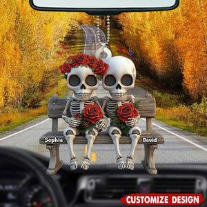 Skull Couple Roses Flower - Personalized Couple Car Ornament - Anniversary Gift For Husband,Wife