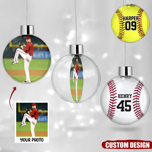 Personalized Softball / Baseball Player Photo Ball Bauble Christmas Ornament