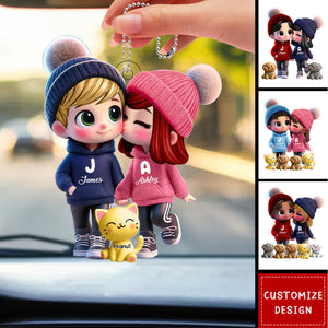 Cute Cartoon Couple You Me And The Dog Cat Personalized Acrylic Car Ornament-Gift For Couple