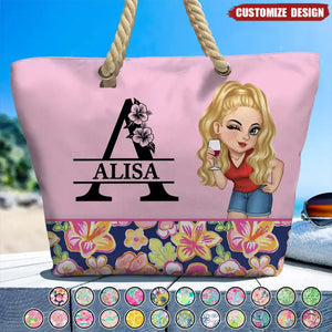 Monogram Floral Tropical Girl - Personalized Beach Bag