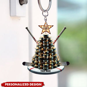 Personalized Hockey Christmas Keychain with Puck Tree and Sticks - Gift For Hockey Lovers - 2024 New Release