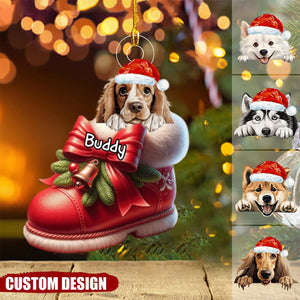 Cute Dog Puppy Pet On Christmas Boots Shoes Personalized Acrylic Ornament