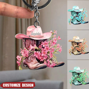 Personalized Boots And Hat With Flower Cowgirl / Cowboy Keychian