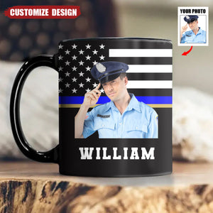 Personalized US Police US Flag Blue Line Black Mug