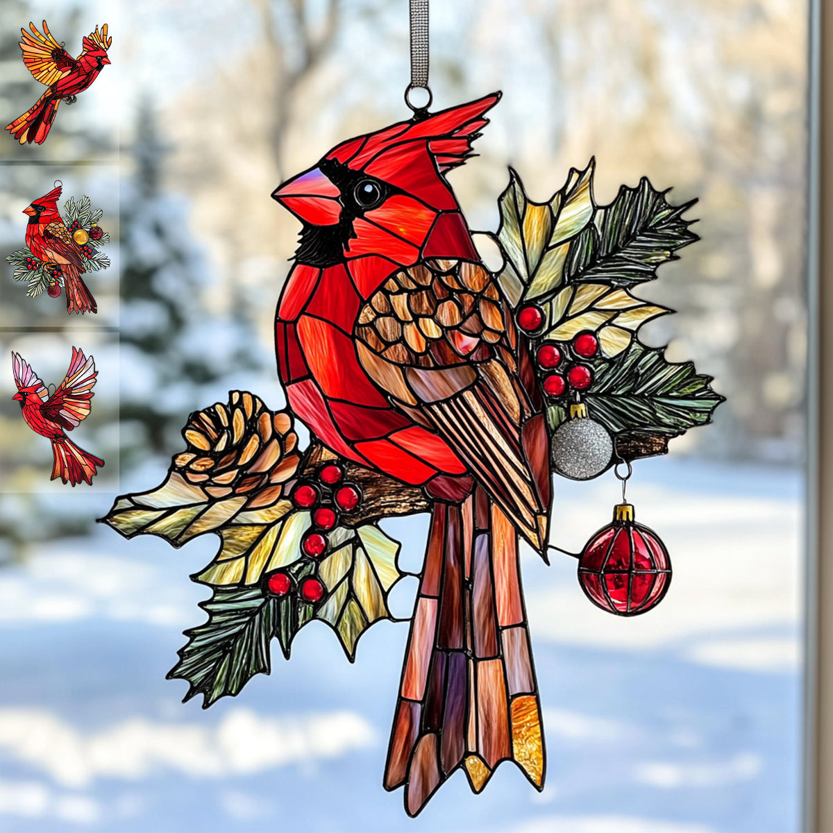 Snowy Redbird Delight - Window Hanging Suncatcher