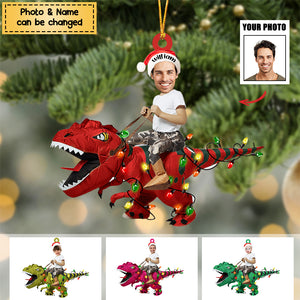 Personalized Cute Kid Rides The Dinosaurus Christmas Light Ornament