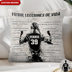 Almohada personalizada con lecciones de vida sobre fútbol - regalo para los amantes del fútbol