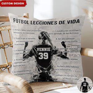 Almohada personalizada con lecciones de vida sobre fútbol - regalo para los amantes del fútbol