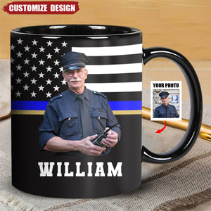 Personalized US Police US Flag Blue Line Black Mug