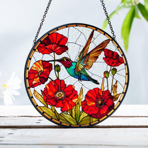 Hummingbird Poppy Flower Window Hanging Suncatcher Ornament Gift For Bird Lovers