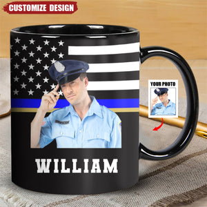 Personalized US Police US Flag Blue Line Black Mug