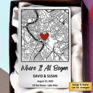 Our First Date - Personalized Map Stainless Wallet Card - Gift For Couple