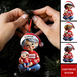 Grandma Grandkids Sitting Crossed Legs Personalized Christmas Ornament-2024 New Release